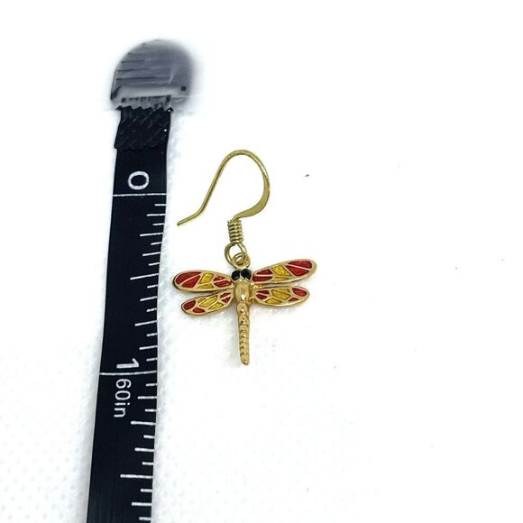 Multicolor Enamel Dragonfly Dangle Drop Earrings Hook Closure Gold Tone - Picture 4 of 4